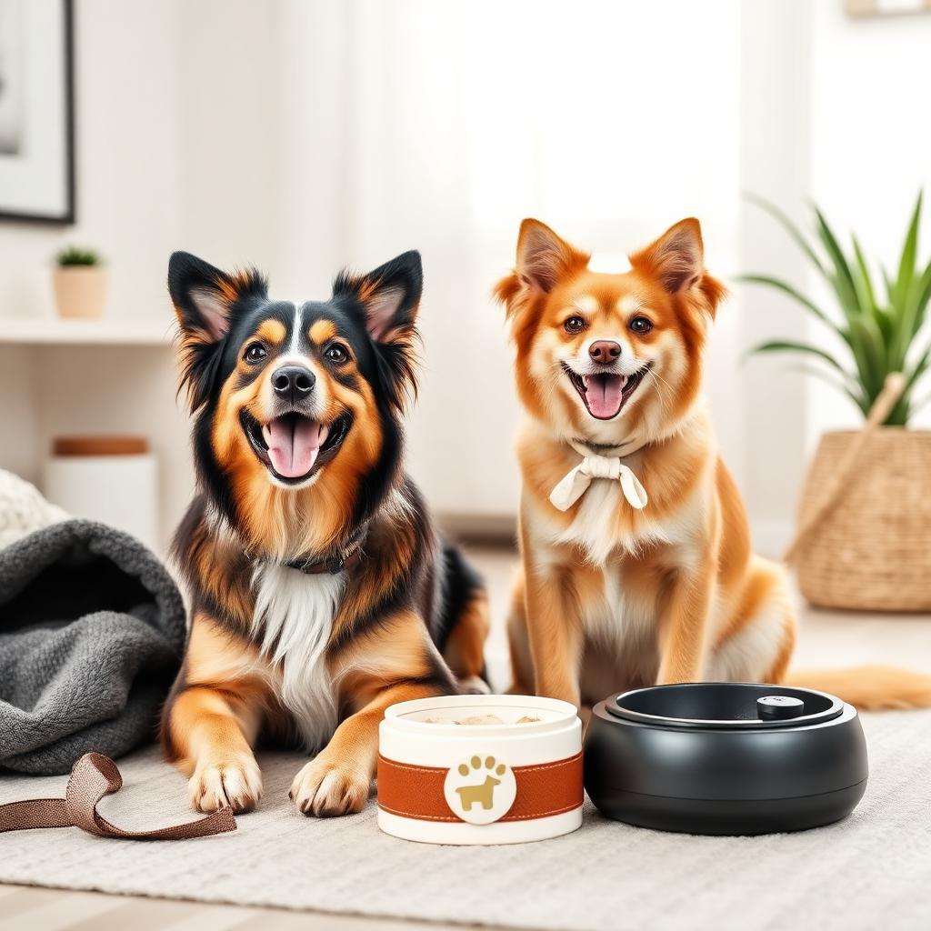 Due cani accanto a ciotole e accessori per animali in un salotto luminoso