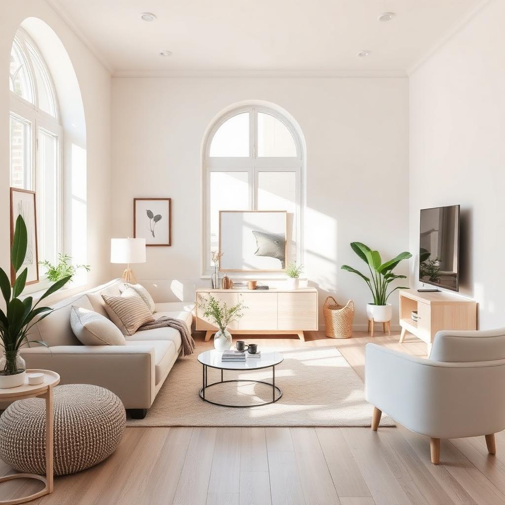 Soggiorno luminoso e minimale con accessori per la casa