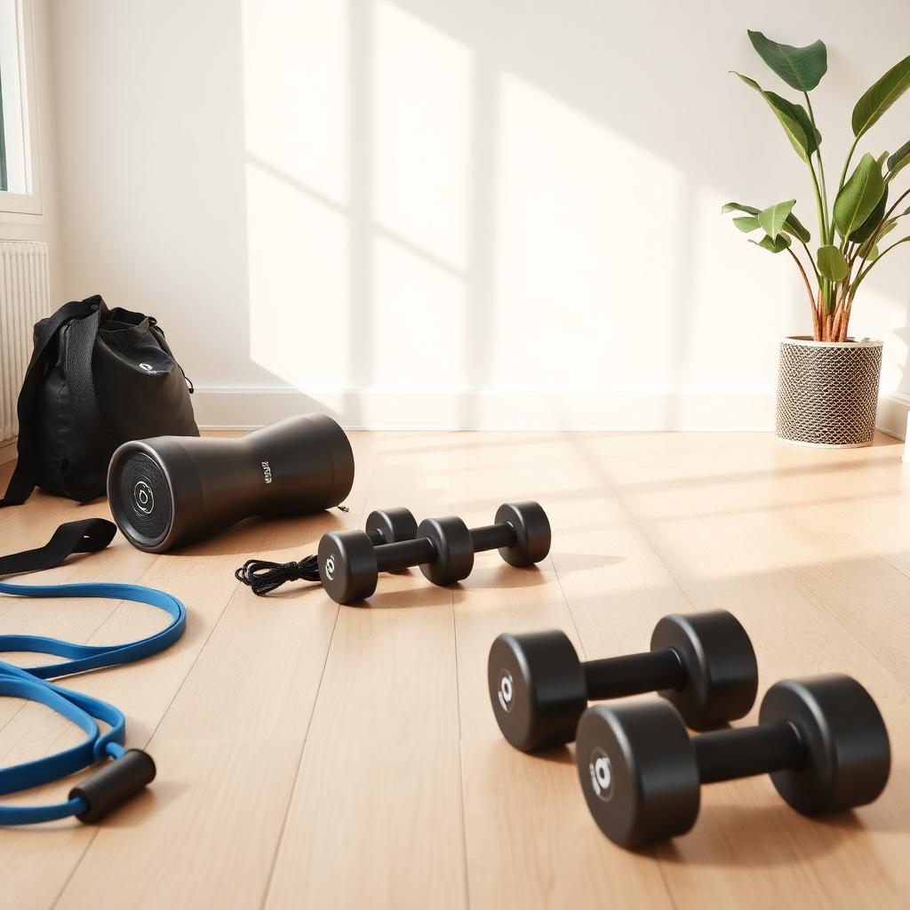 Manubri ed elastici da fitness su un pavimento in legno chiaro