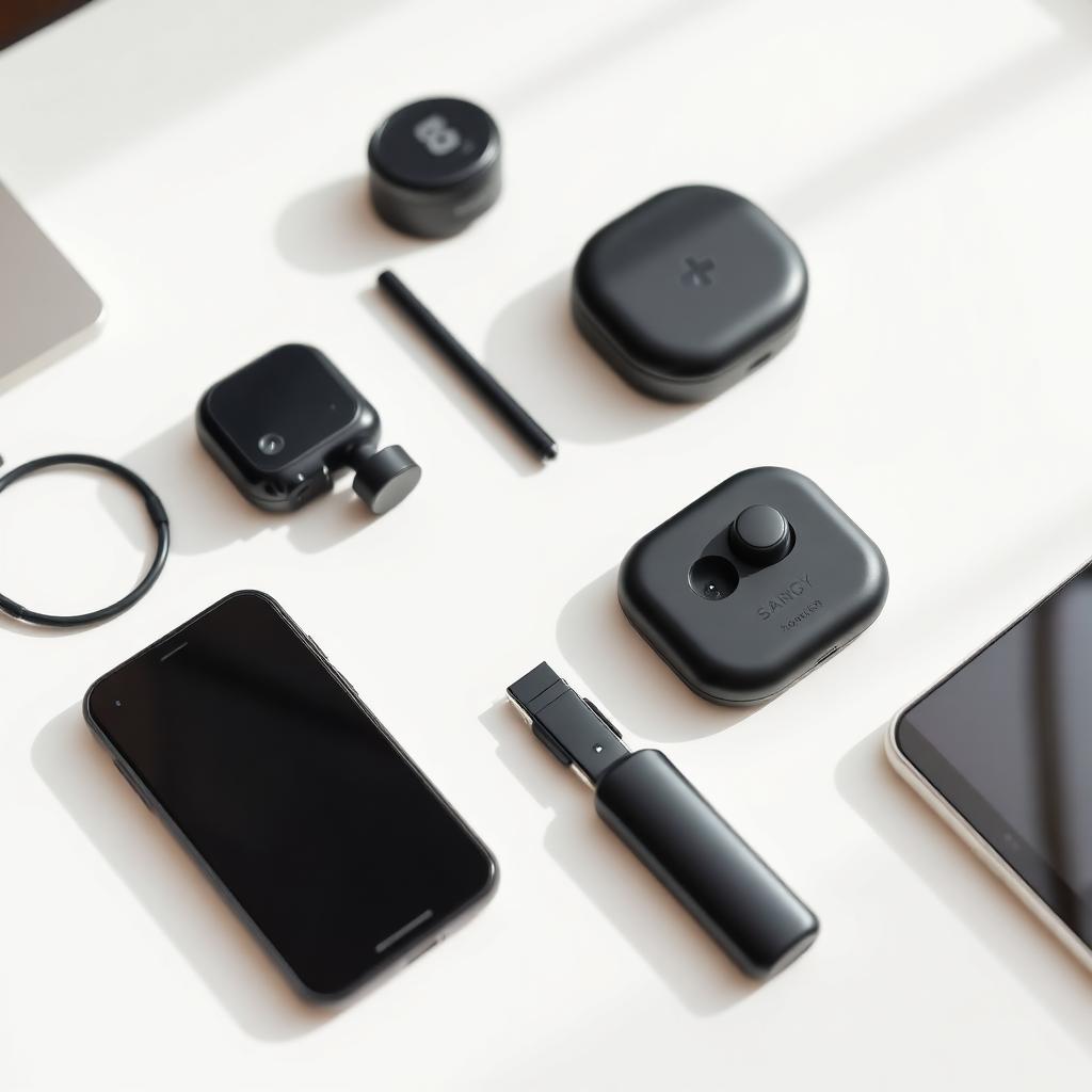 Accessori tecnologici moderni disposti su una scrivania bianca