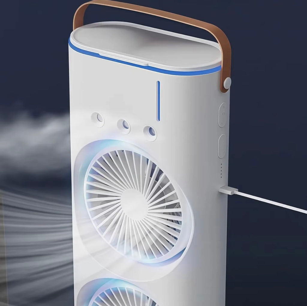 Mini Ventilatore Rinfrescante 3 in 1 USB – Umidificatore Portatile con Serbatoio 120ml e Luce LED