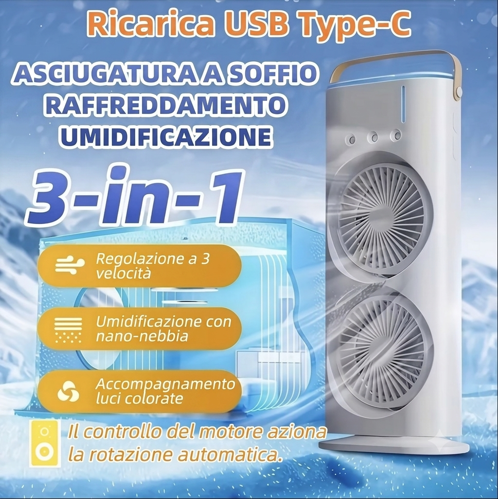 Mini Ventilatore Rinfrescante 3 in 1 USB – Umidificatore Portatile con Serbatoio 120ml e Luce LED