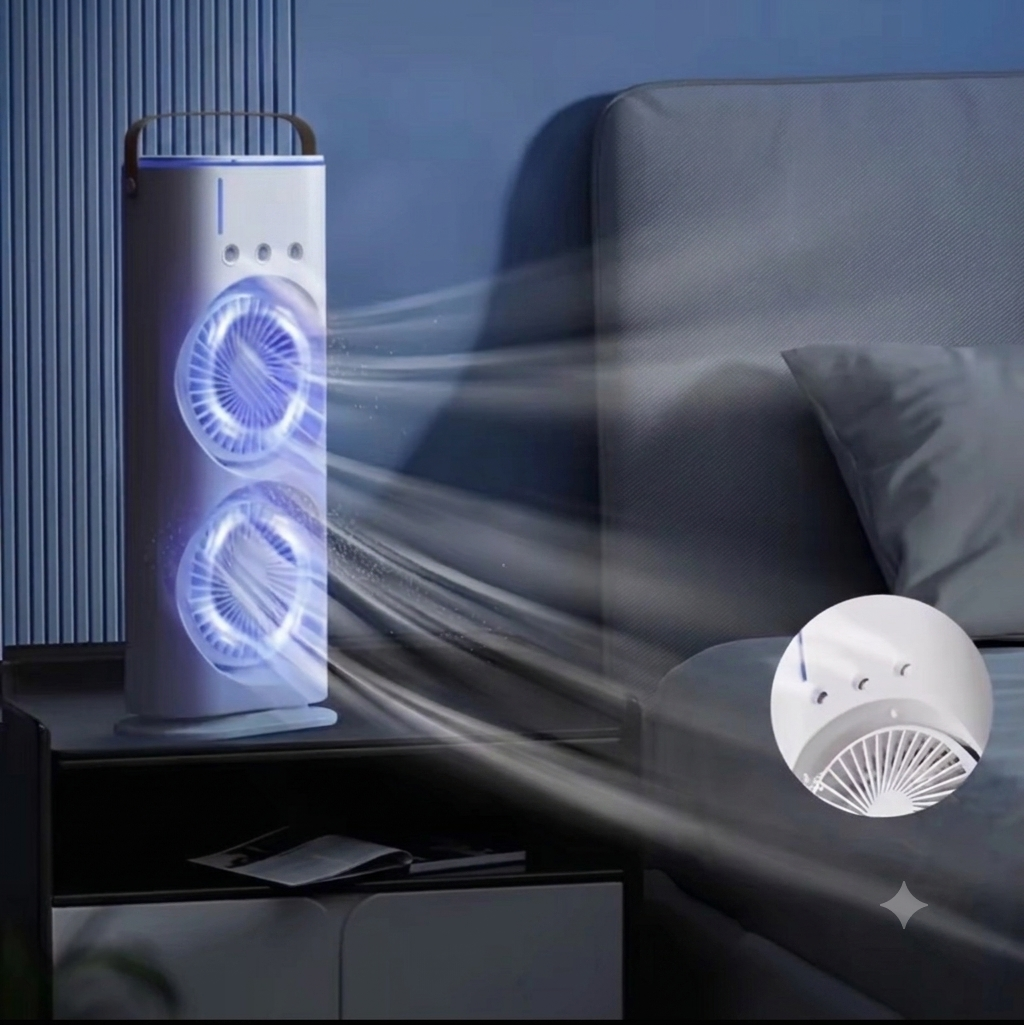 Mini Ventilatore Rinfrescante 3 in 1 USB – Umidificatore Portatile con Serbatoio 120ml e Luce LED